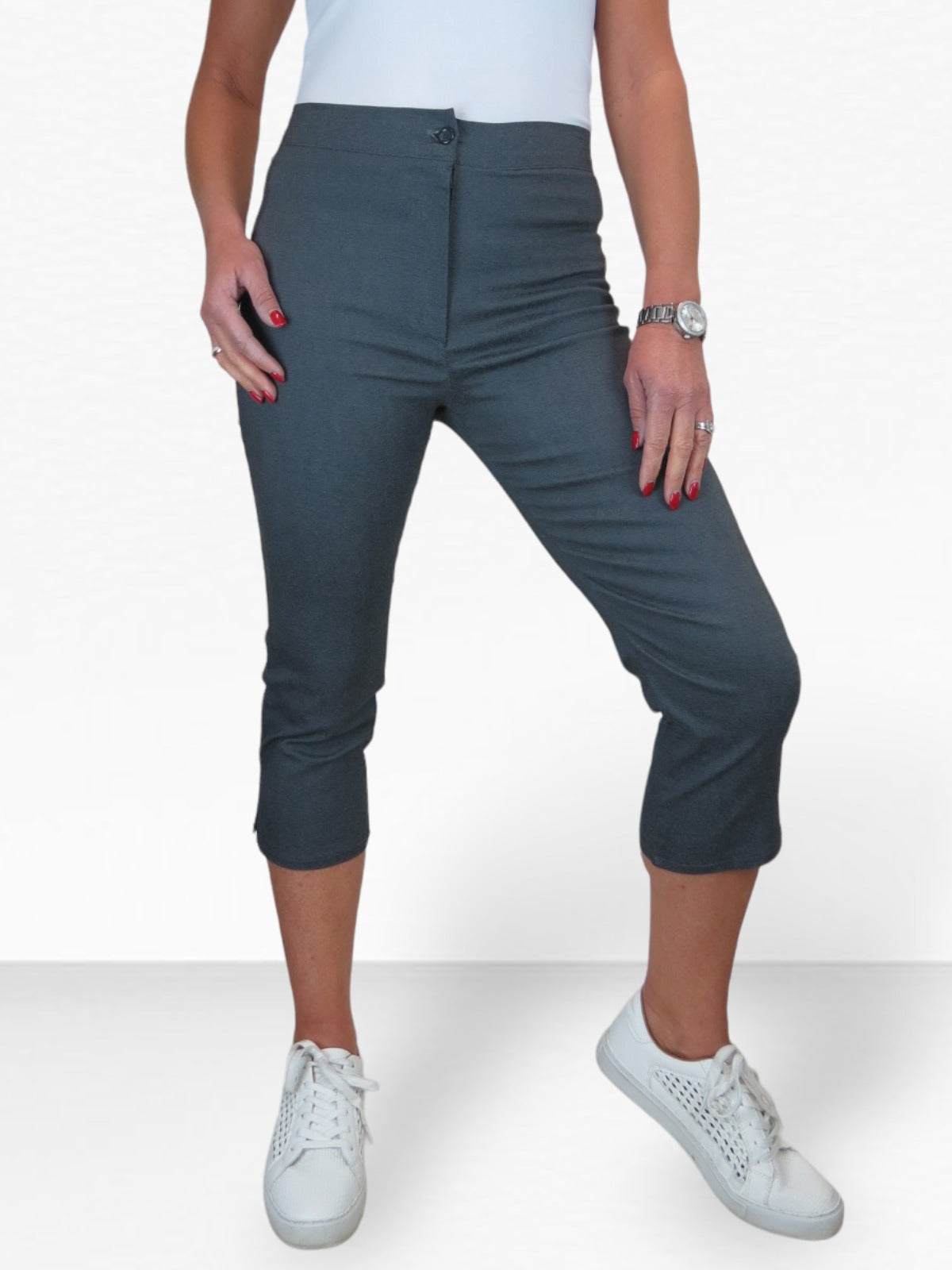 High Waisted Cropped Skinny Pedal Pushers Trousers Marl Grey