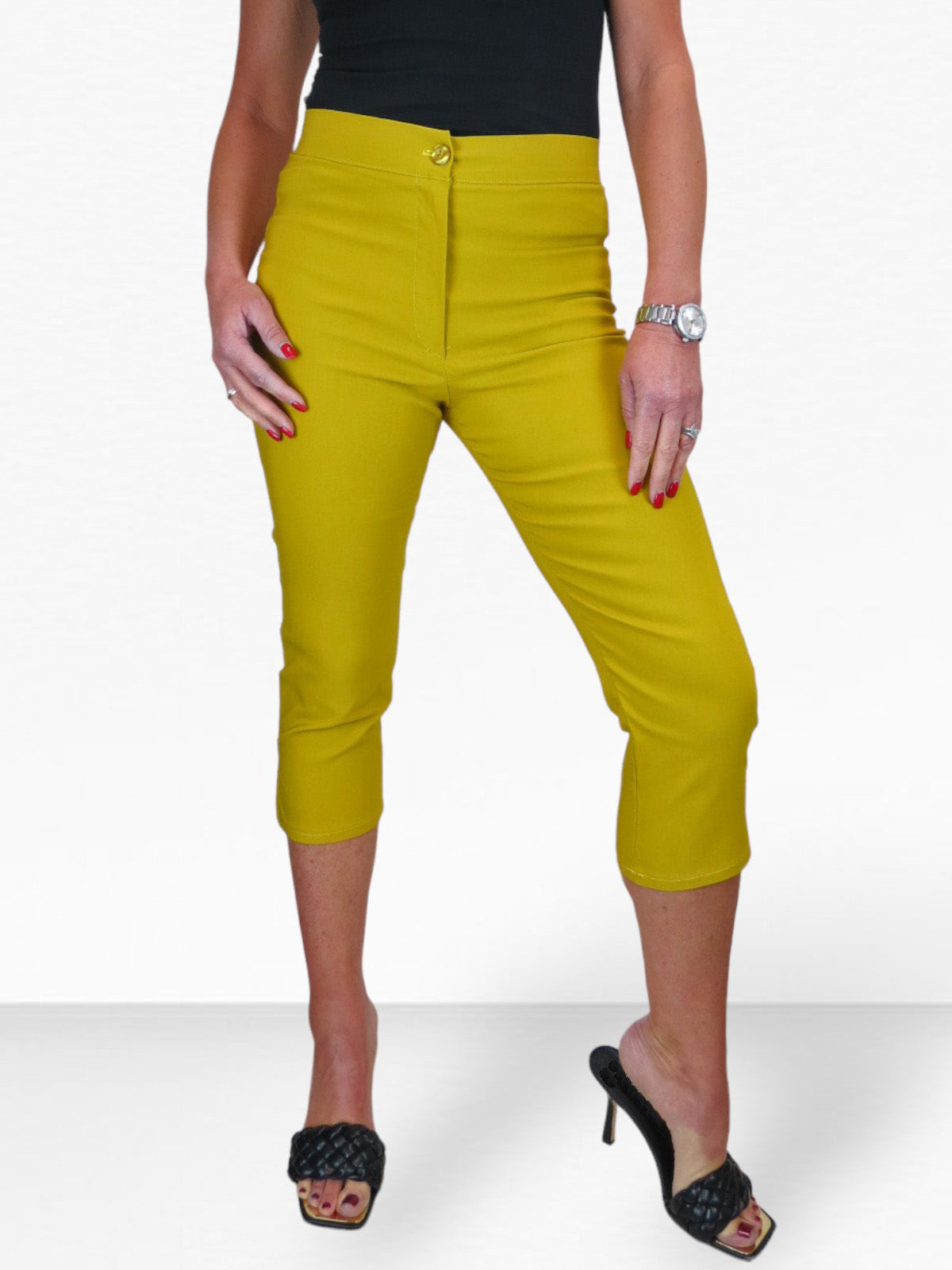 High Waisted Cropped Skinny Pedal Pushers Trousers Mustard Yellow