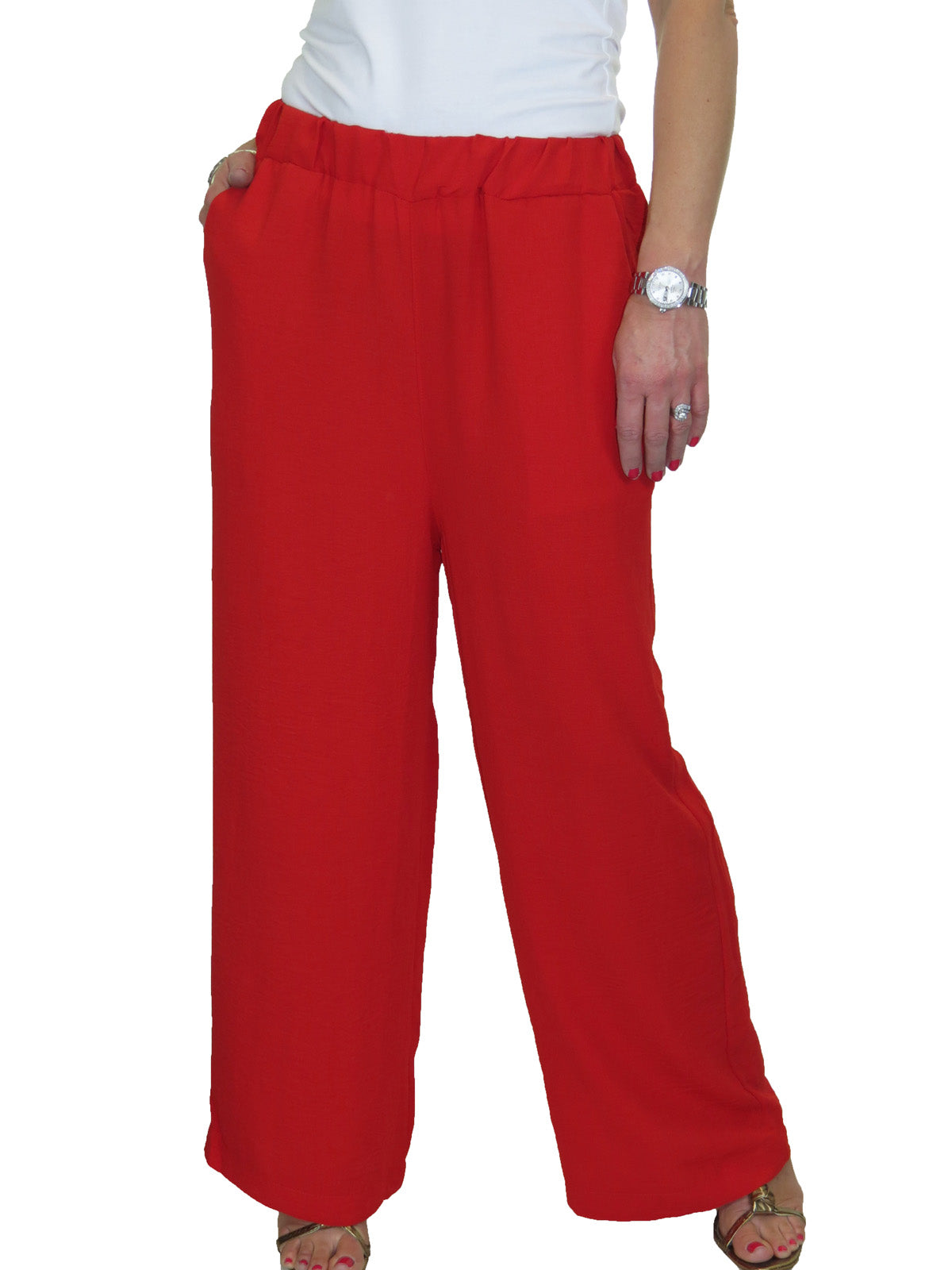 Ladies High Waisted Wide Leg Palazzo Trousers Red