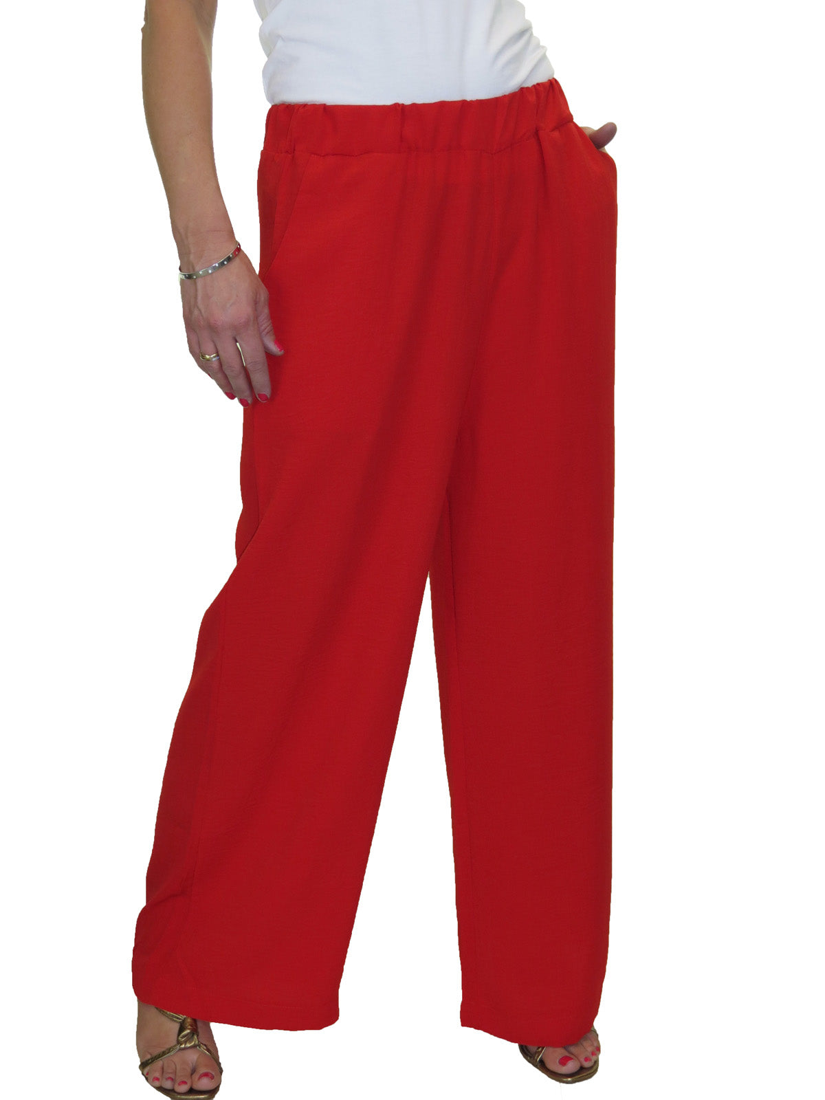 Ladies High Waisted Wide Leg Palazzo Trousers Red