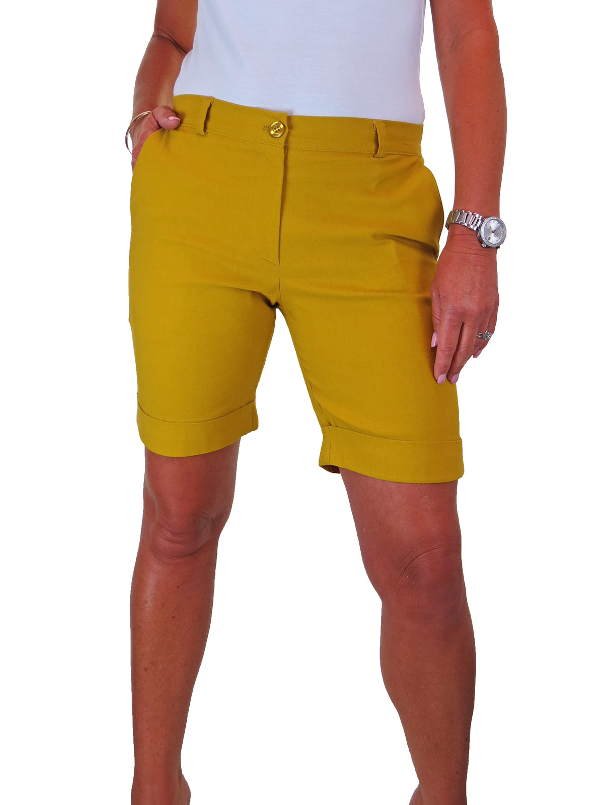 Ladies Above The Knee Stretch Shorts Mustard Yellow