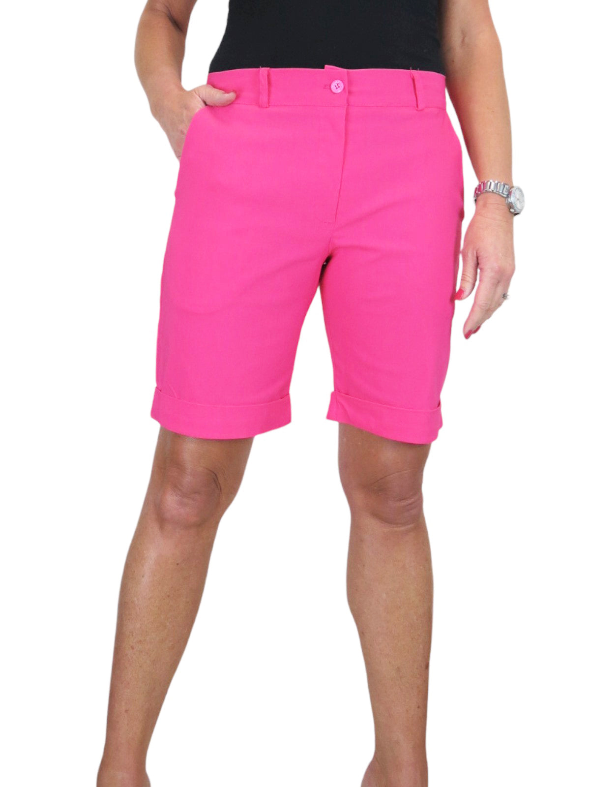 Ladies Above The Knee Stretch Shorts Hot Pink
