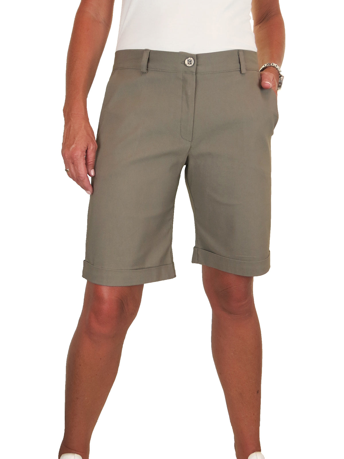 Ladies Above The Knee Stretch Shorts Khaki Green