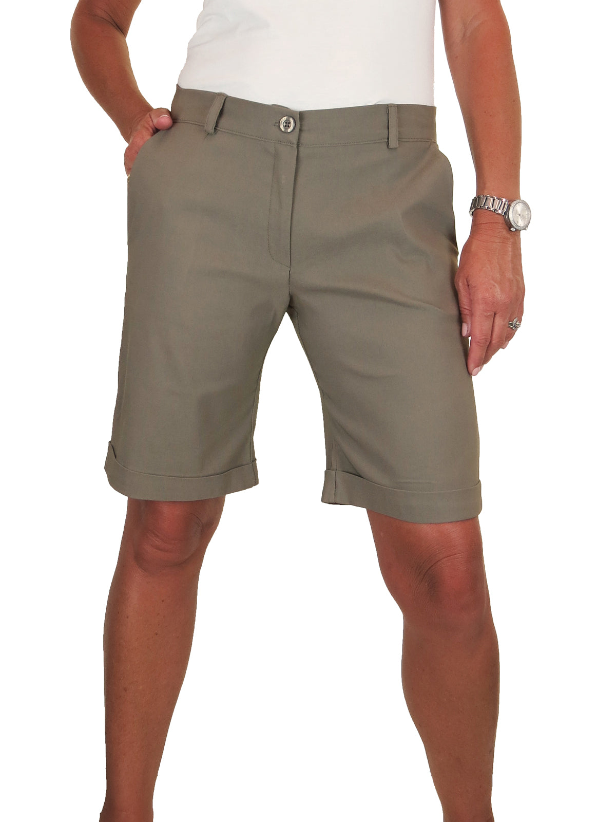 Ladies Above The Knee Stretch Shorts Khaki Green