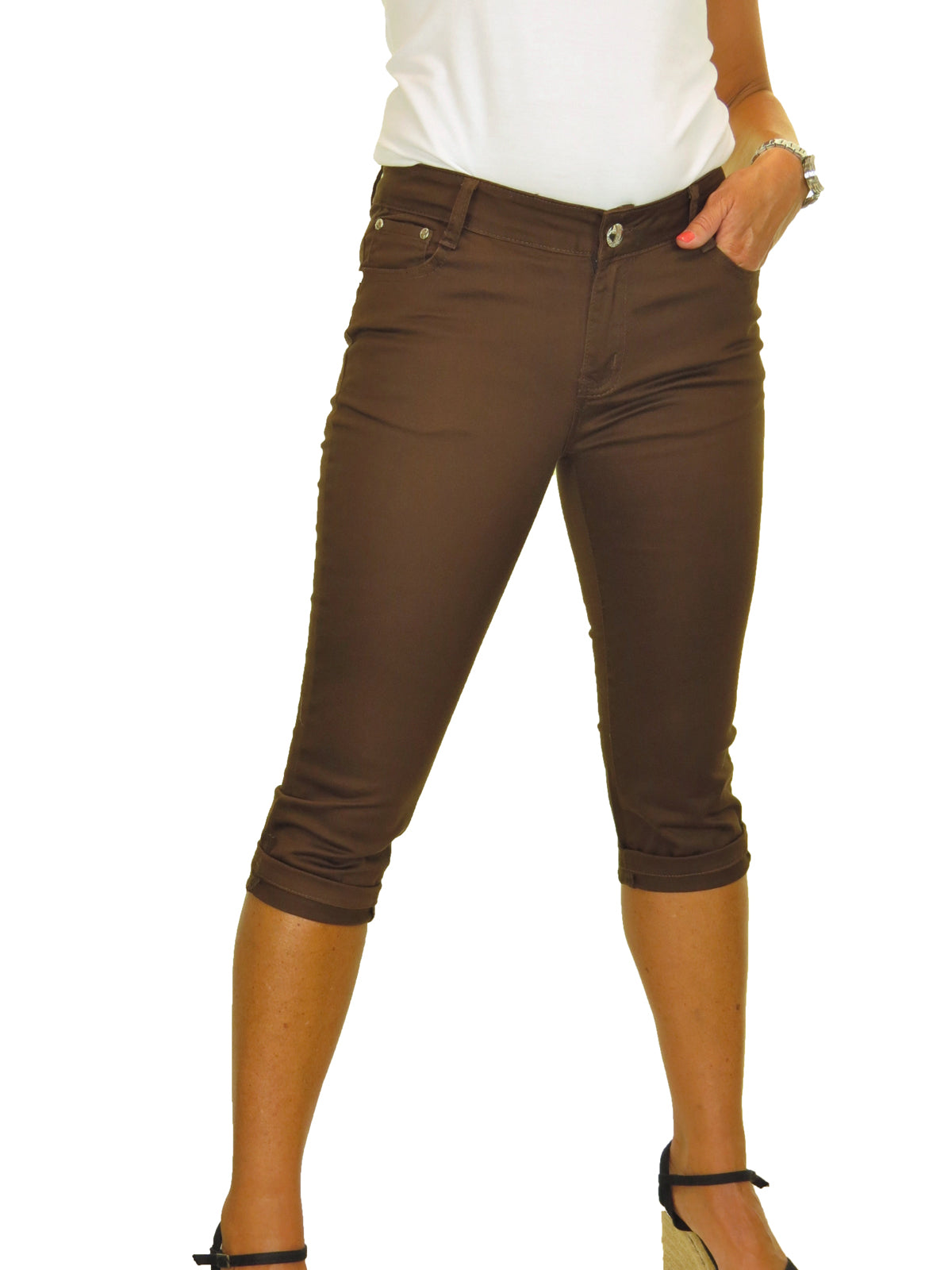 Womens Low Rise Capri's In Chino Sheen Brown (Panel Pocket)