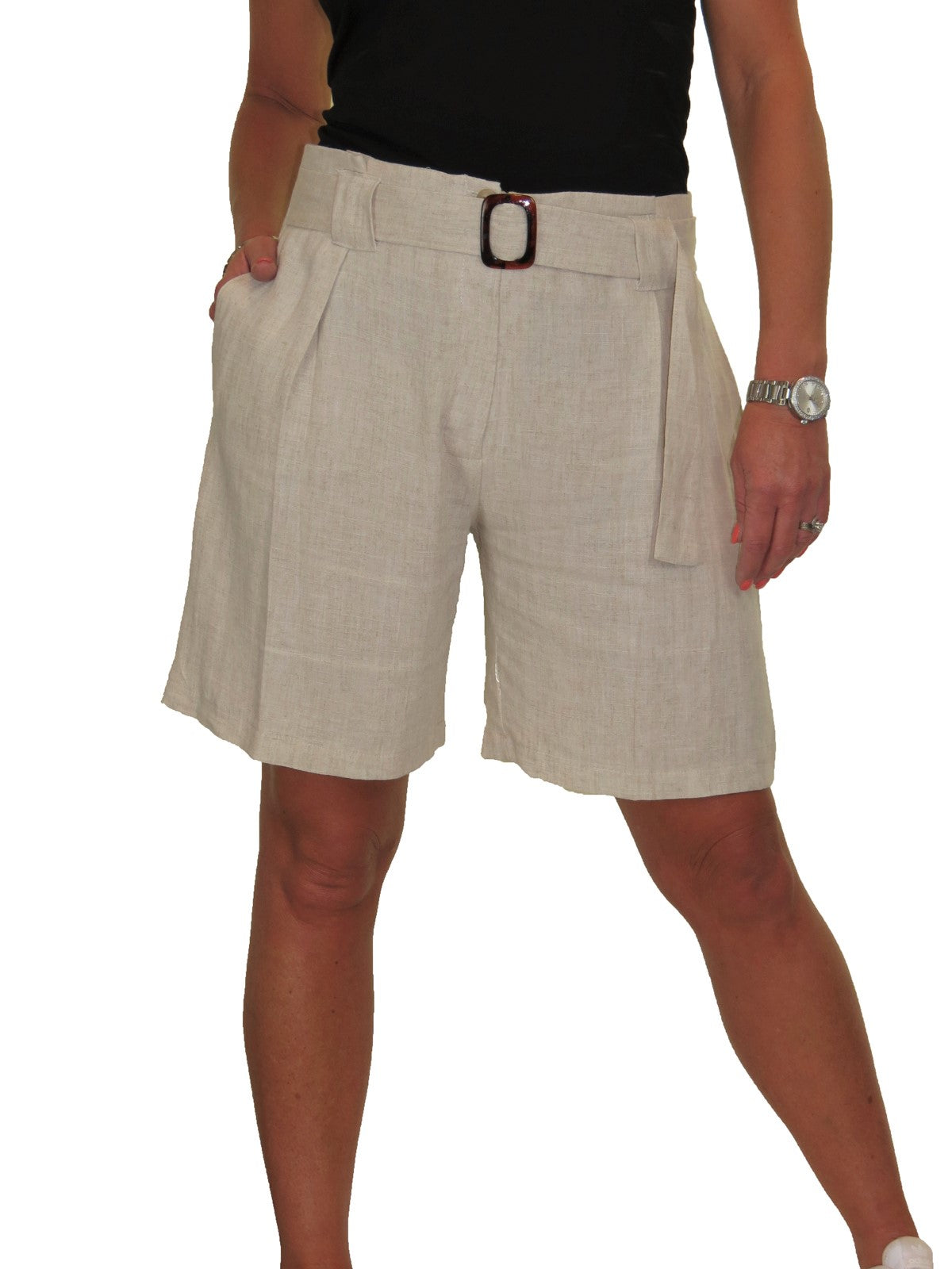 Summer Lightweight Mid Rise Paperbag Linen Shorts Natural Beige
