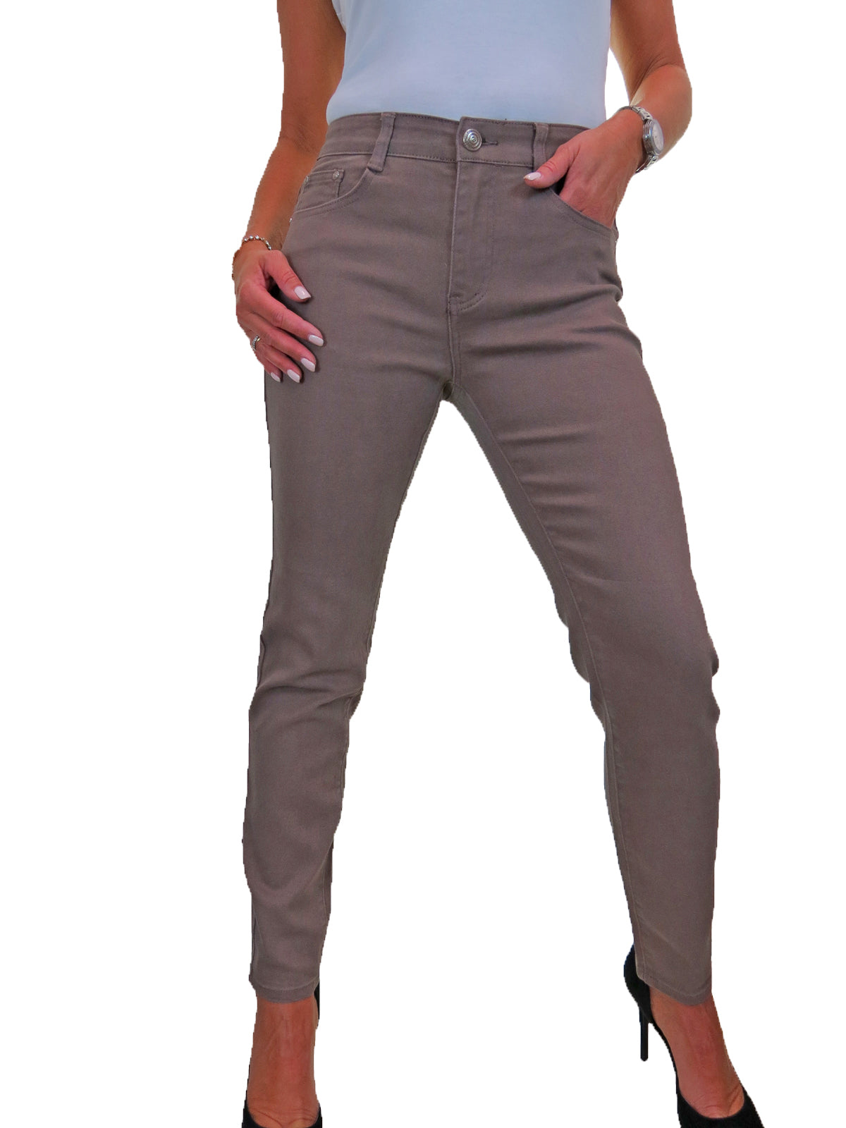 Womens High Waist Stretch Denim Jeans Taupe Brown