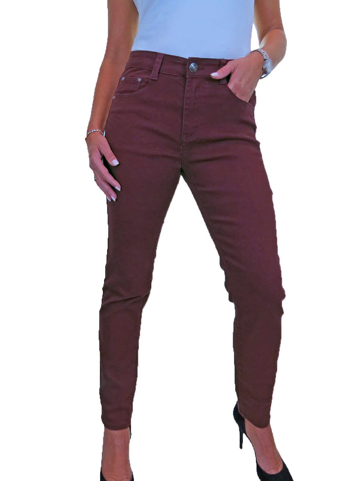 Womens High Waist Stretch Denim Jeans Bordeaux Red