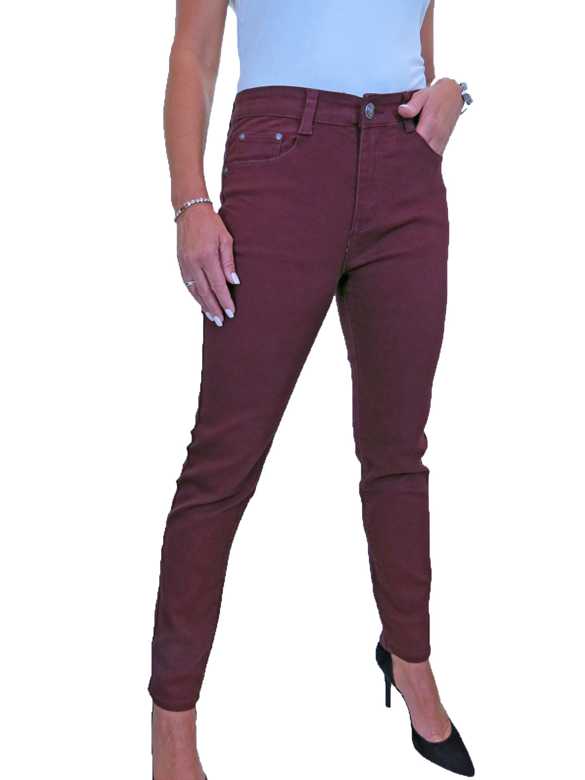 Womens High Waist Stretch Denim Jeans Bordeaux Red