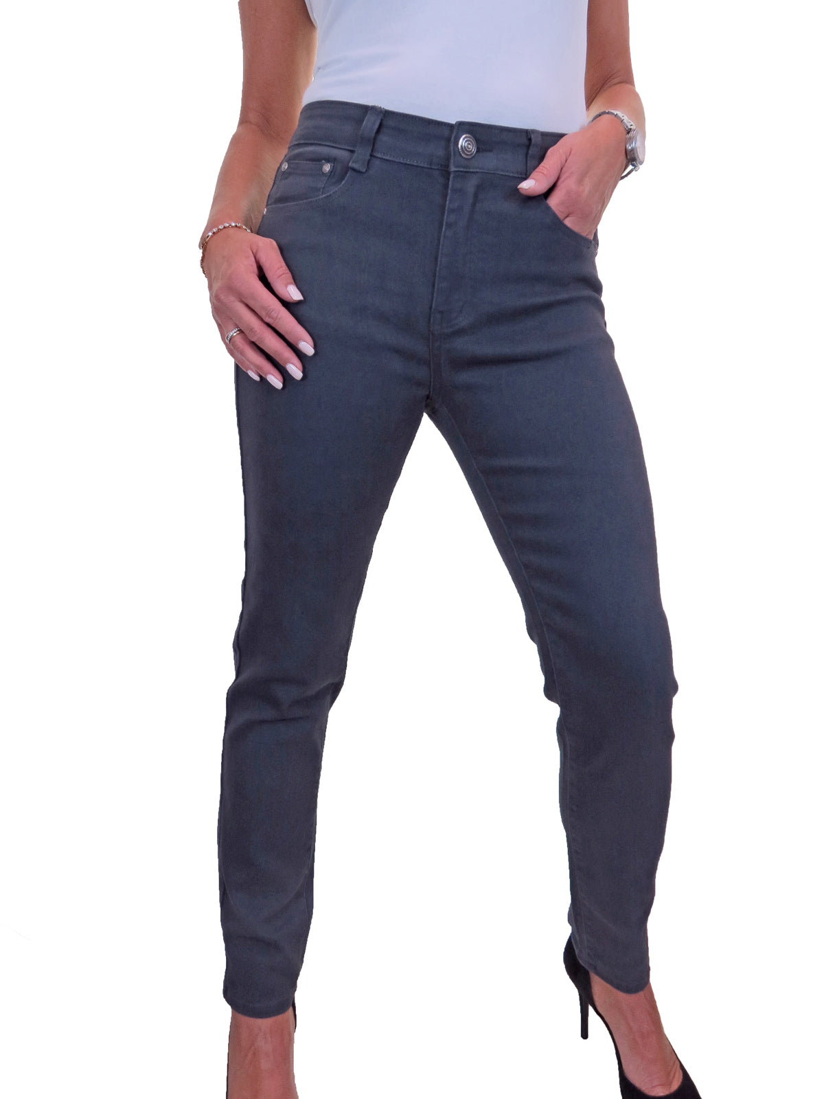 Womens High Waist Stretch Denim Jeans Dark Grey