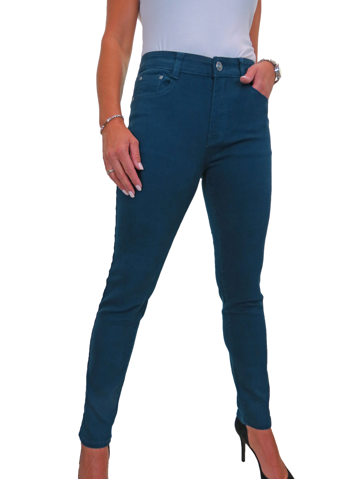 Womens High Waist Stretch Denim Jeans Dark Teal