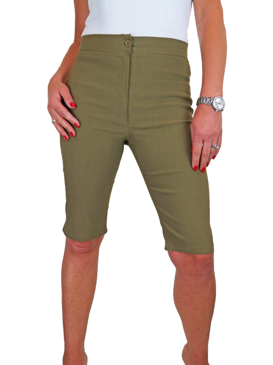 Womens High Waist Skinny Stretch Pedal Pusher Style Summer Shorts Khaki Green