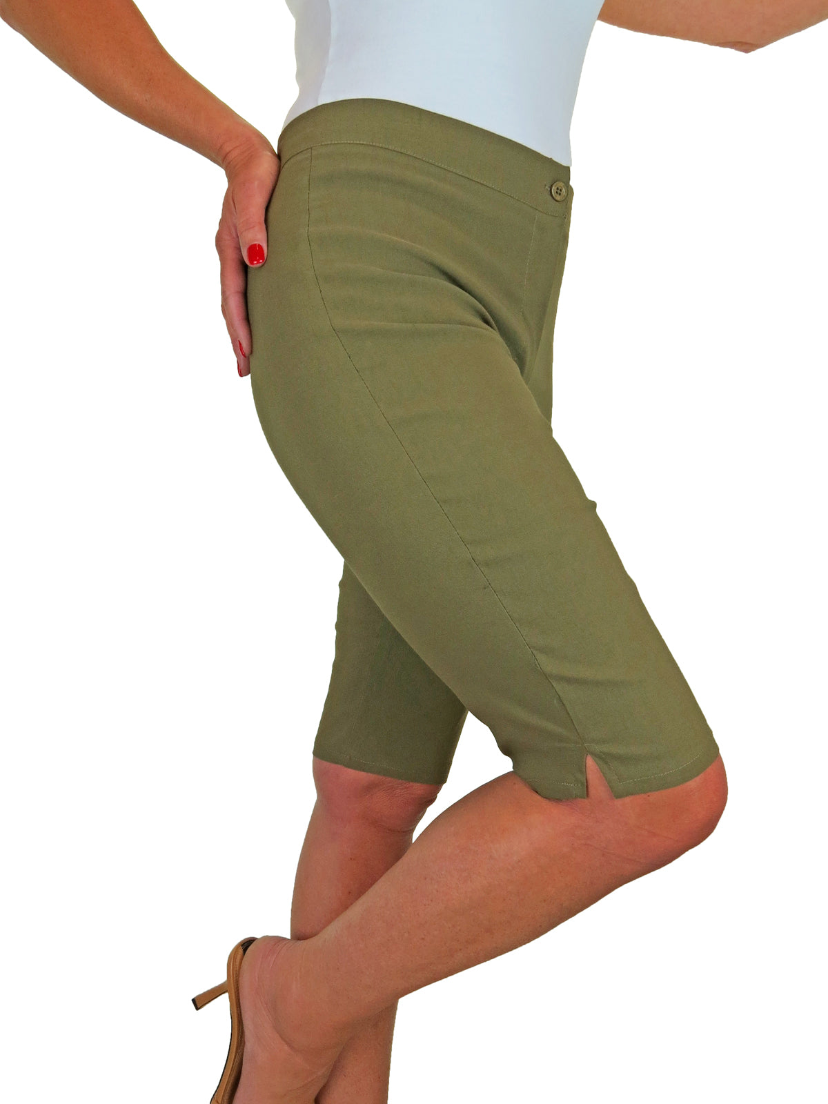 Womens High Waist Skinny Stretch Pedal Pusher Style Summer Shorts Khaki Green