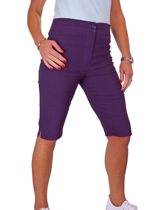 Womens High Waist Skinny Stretch Pedal Pusher Style Summer Shorts Aubergine Purple