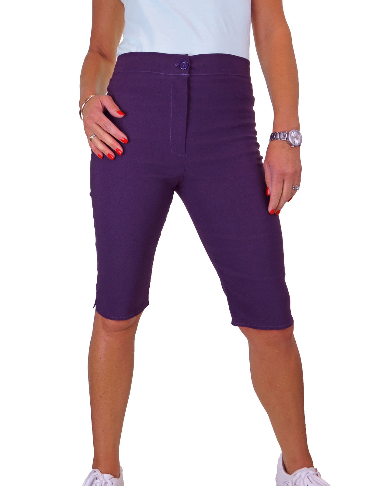 Womens High Waist Skinny Stretch Pedal Pusher Style Summer Shorts Aubergine Purple