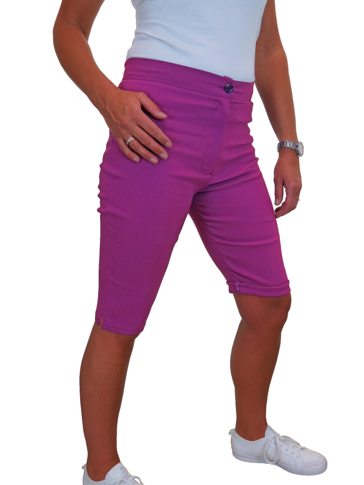 Womens High Waist Skinny Stretch Pedal Pusher Style Summer Shorts Purple
