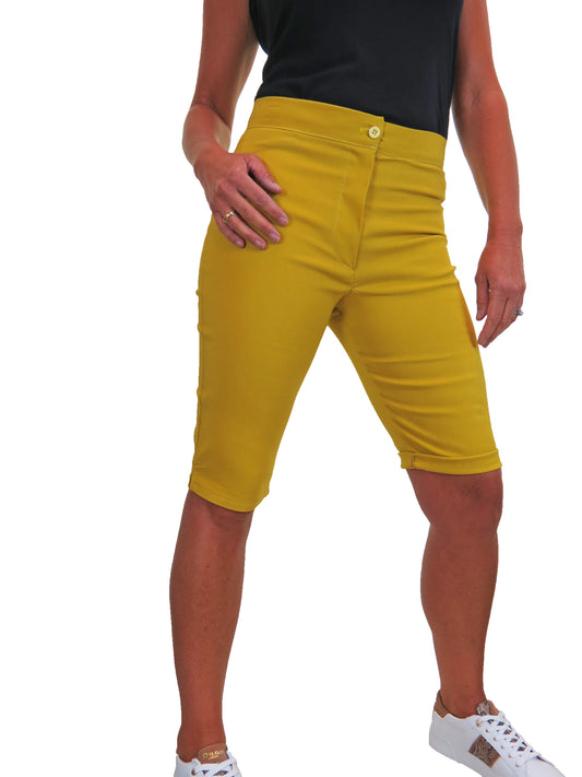 Womens High Waist Skinny Stretch Pedal Pusher Style Summer Shorts Mustard Yellow