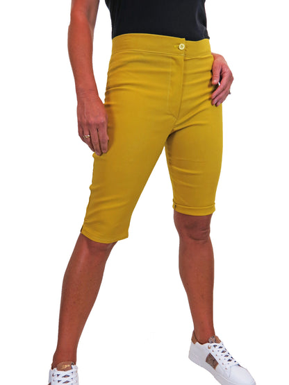 Womens High Waist Skinny Stretch Pedal Pusher Style Summer Shorts Mustard Yellow