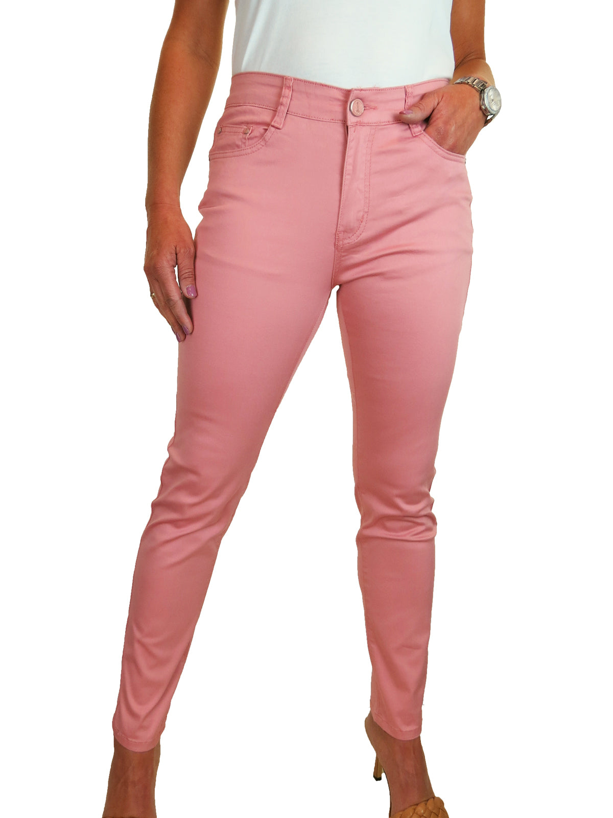 Womens High Rise Slim Leg Stretch Chino Jeans Rose Pink