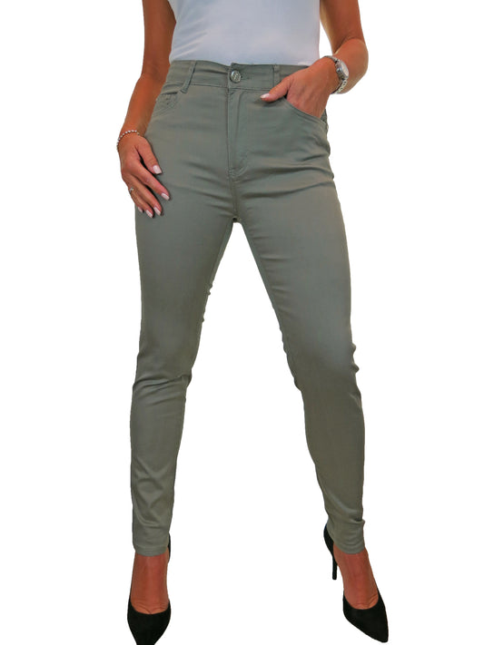 Womens High Rise Slim Leg Stretch Chino Jeans Khaki Green