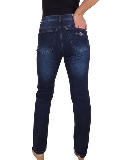 Womens Straight Leg High Waist Denim Jeans Faded Dark Blue