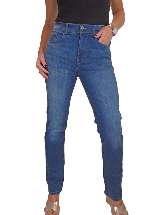 Womens Straight Leg High Waist Denim Jeans Faded Mid Blue