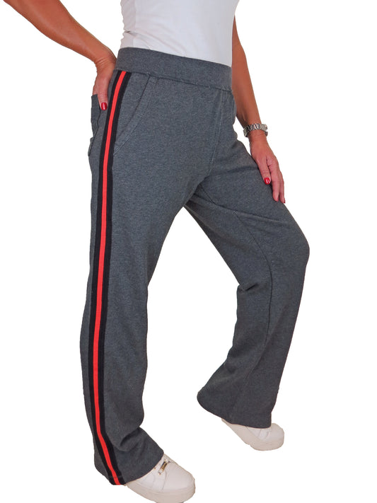 Womens Stretch Cotton Sport Stripe Tracksuit Sweatpants Loop Back Grey/Red