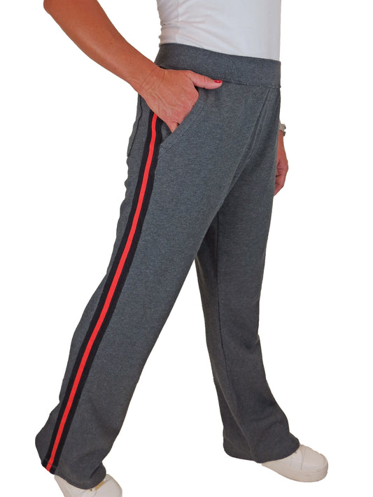 Womens Stretch Cotton Sport Stripe Tracksuit Sweatpants Fleece Back Grey/Red
