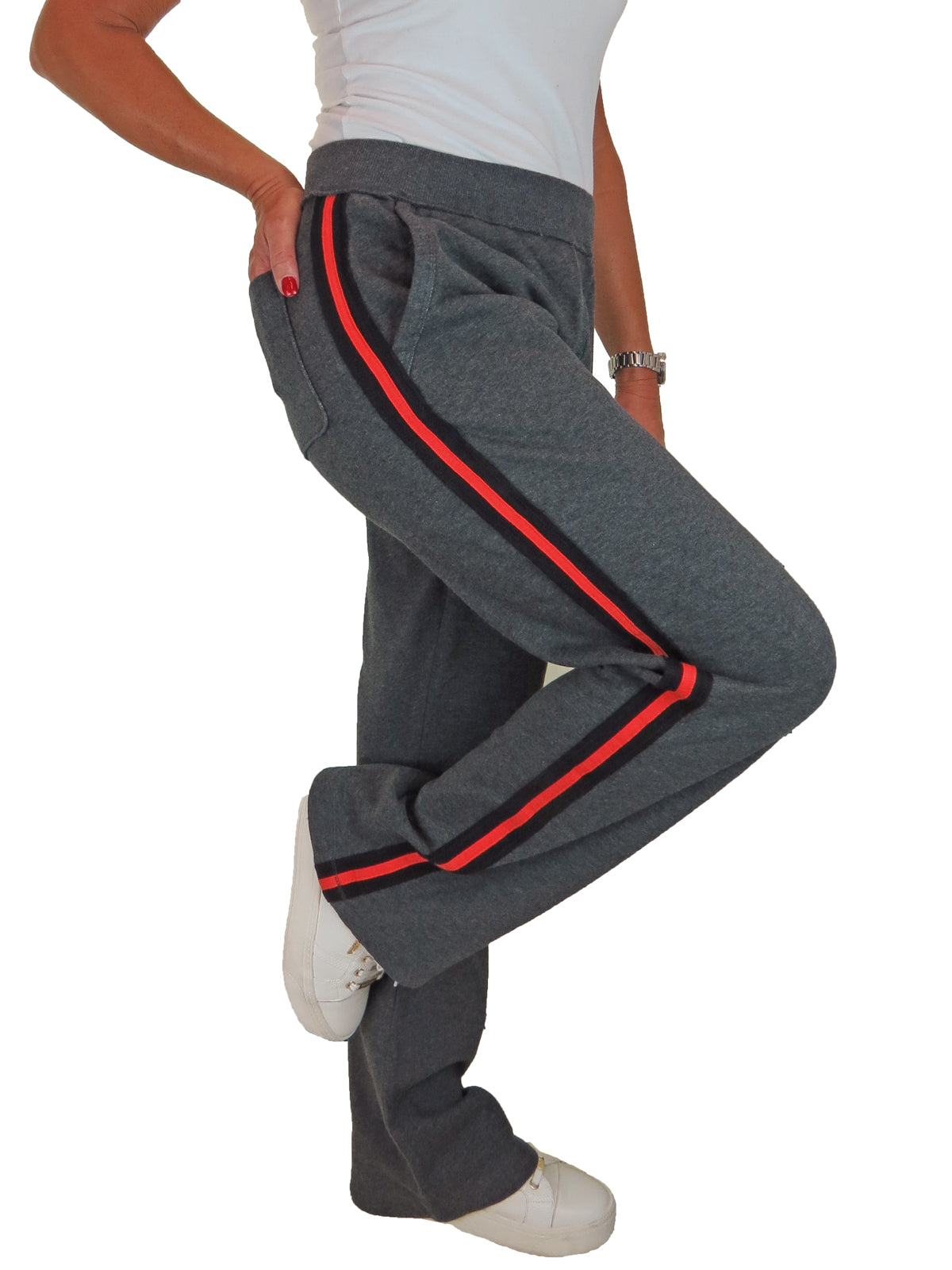 Womens Stretch Cotton Sport Stripe Tracksuit Sweatpants Fleece Back Grey/Red