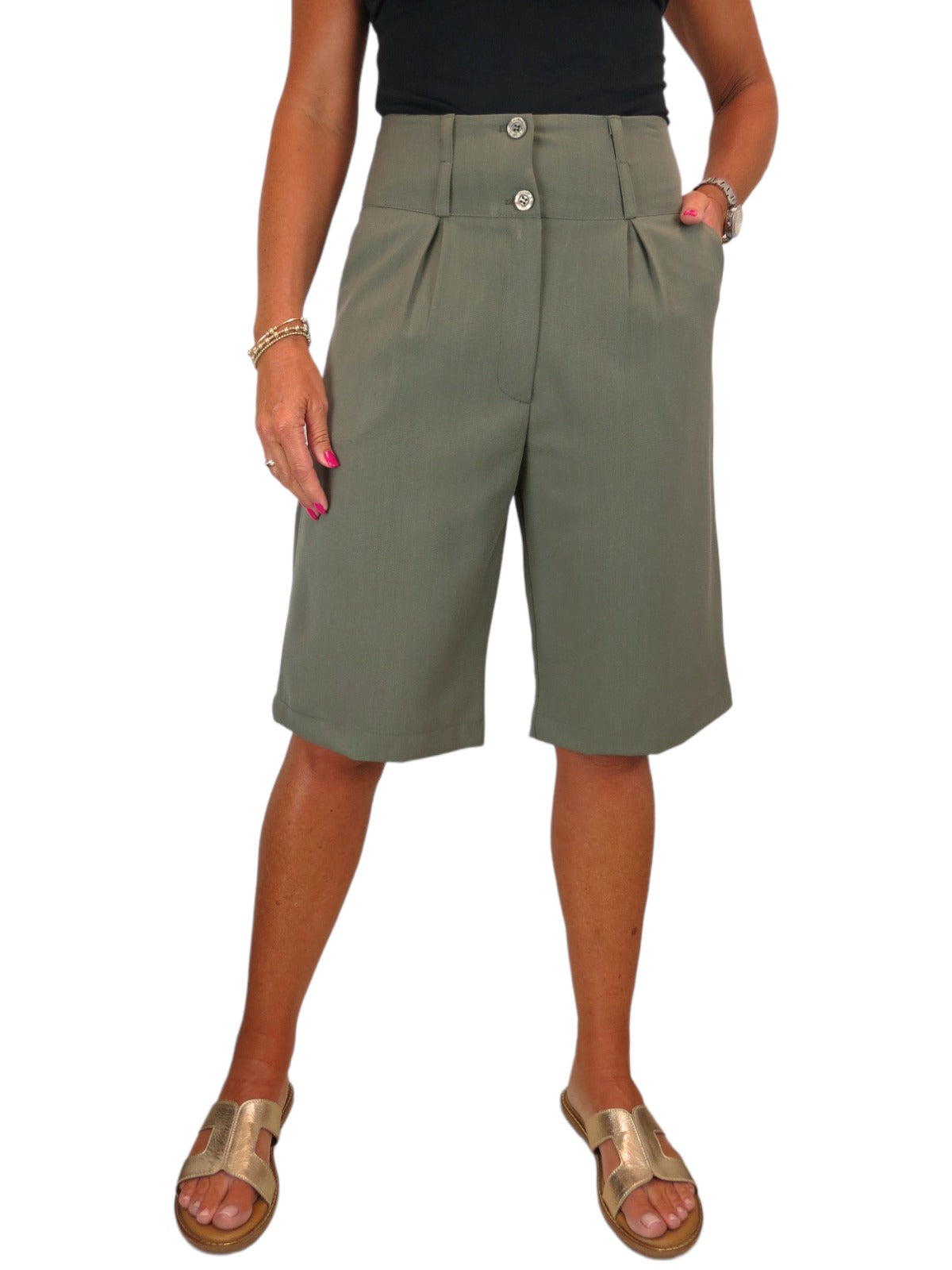 Womens Wide Leg High Waist Loose Fit Shorts Khaki Green