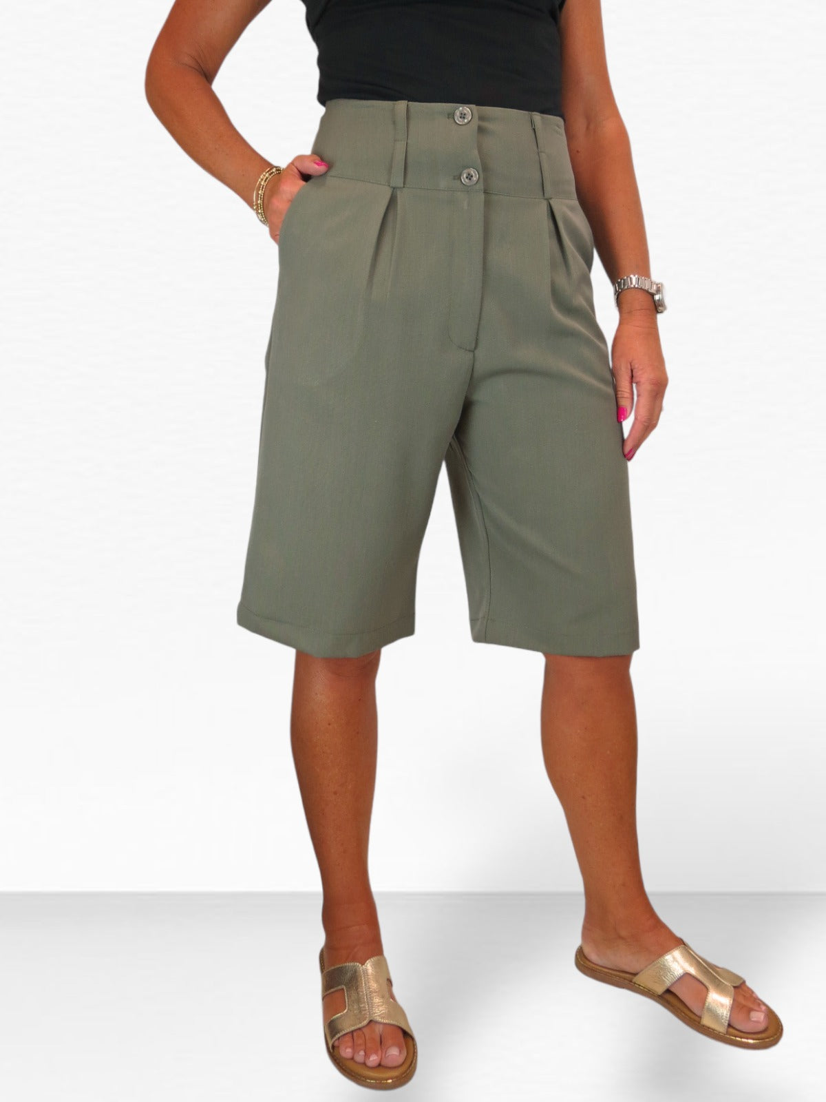 Womens Wide Leg High Waist Loose Fit Shorts Khaki Green