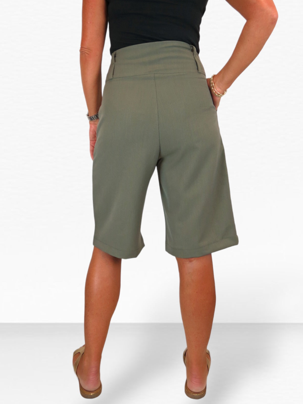 Womens Wide Leg High Waist Loose Fit Shorts Khaki Green