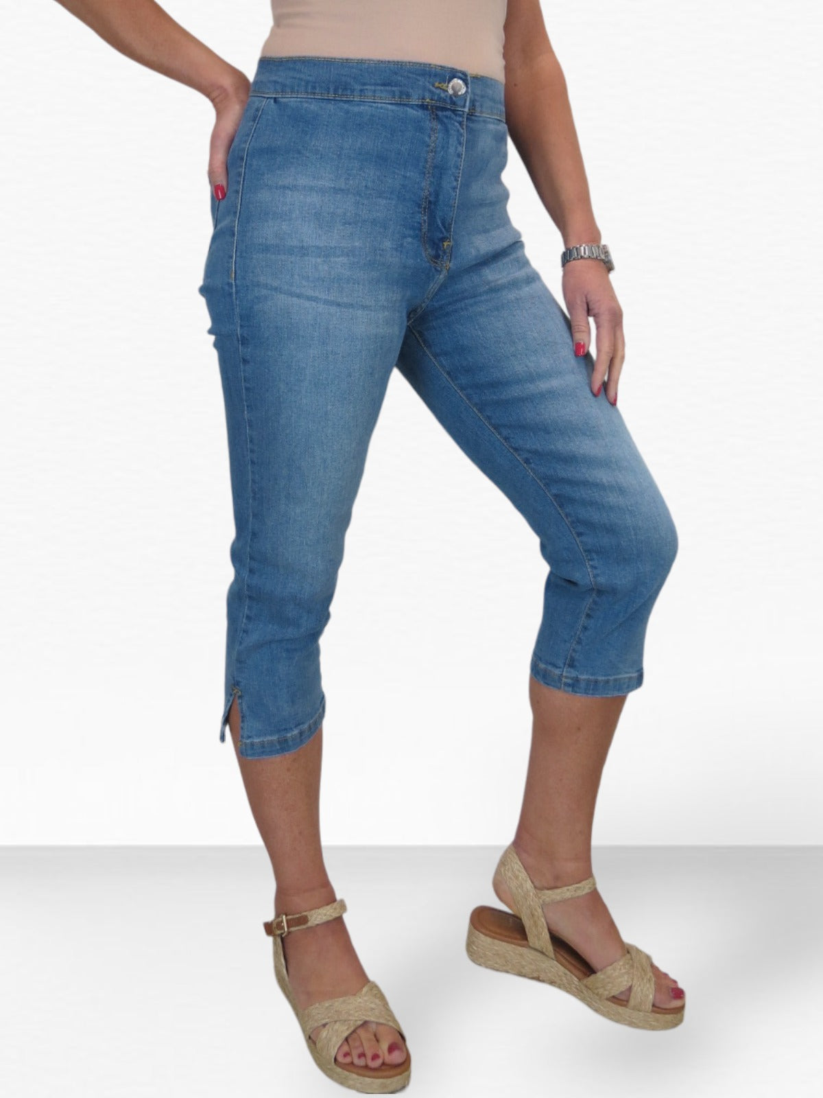 Women's High Waist Stretch Denim Cropped Jeans Mid Blue Fade