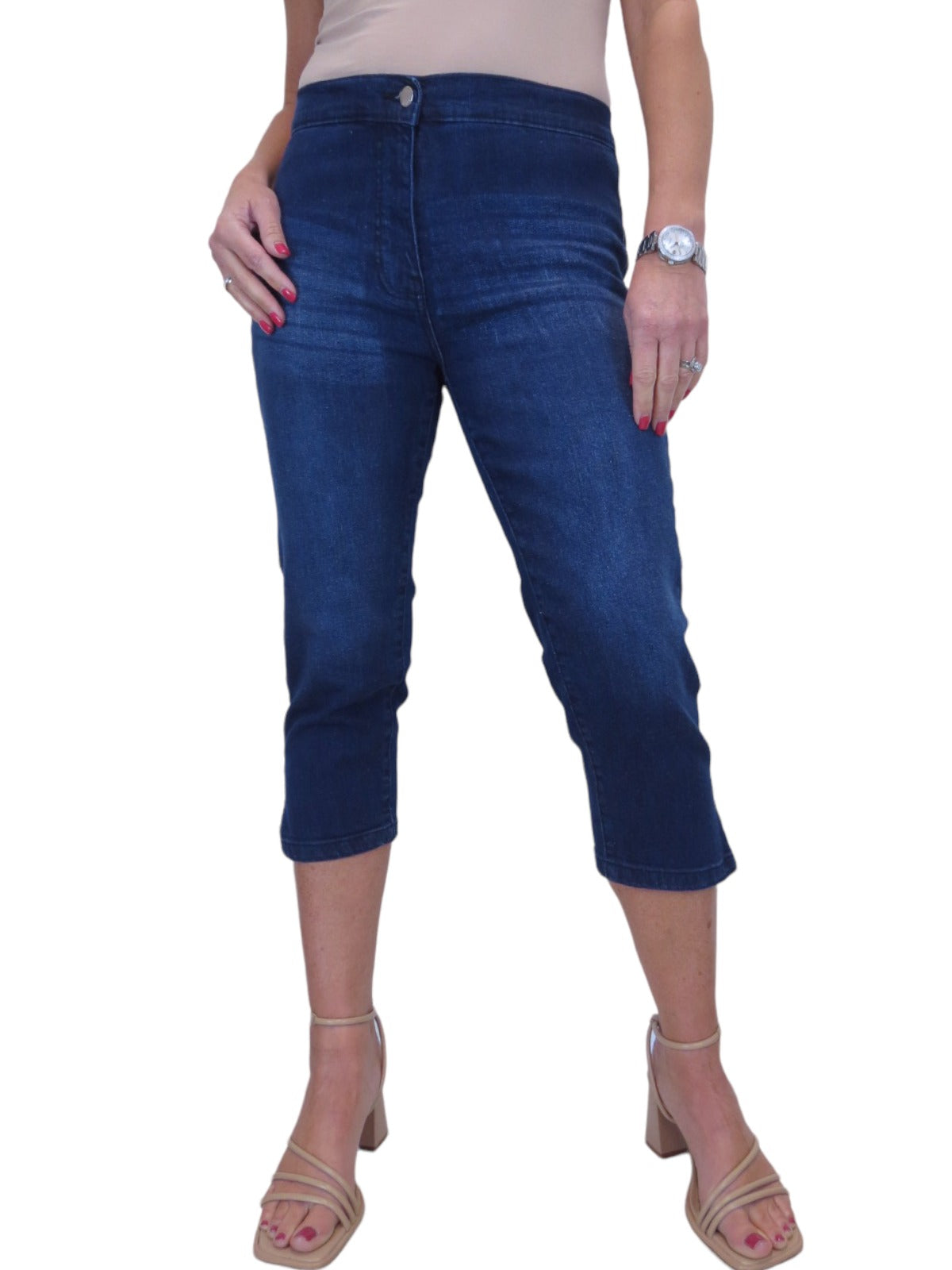 Women's High Waist Stretch Denim Cropped Jeans Dark Blue Fade