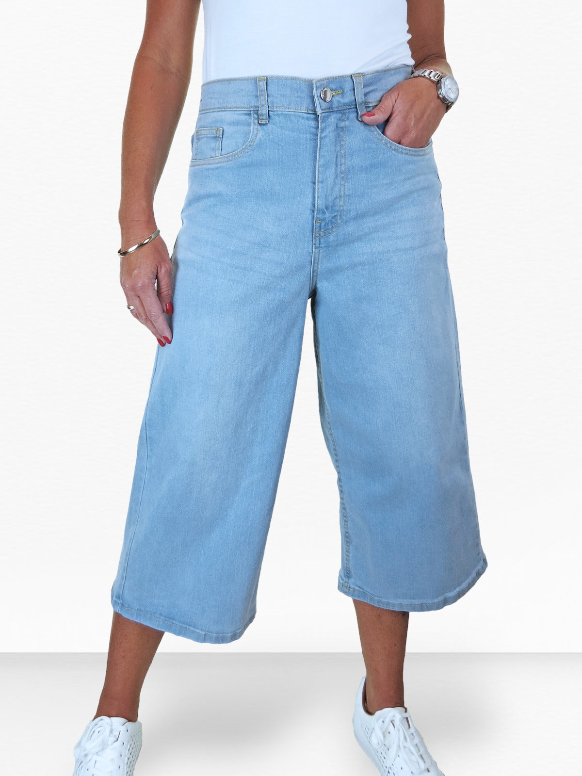 Women's High Waist Wide Leg Denim Culotte Jeans Bleach Blue