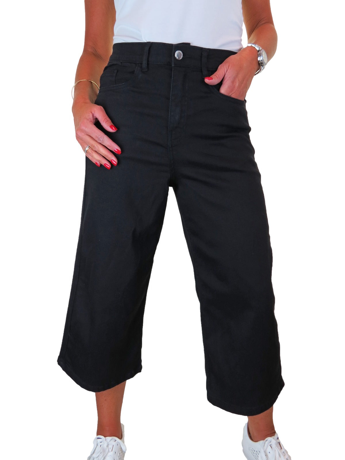 Women's High Waist Wide Leg Denim Culotte Jeans Black