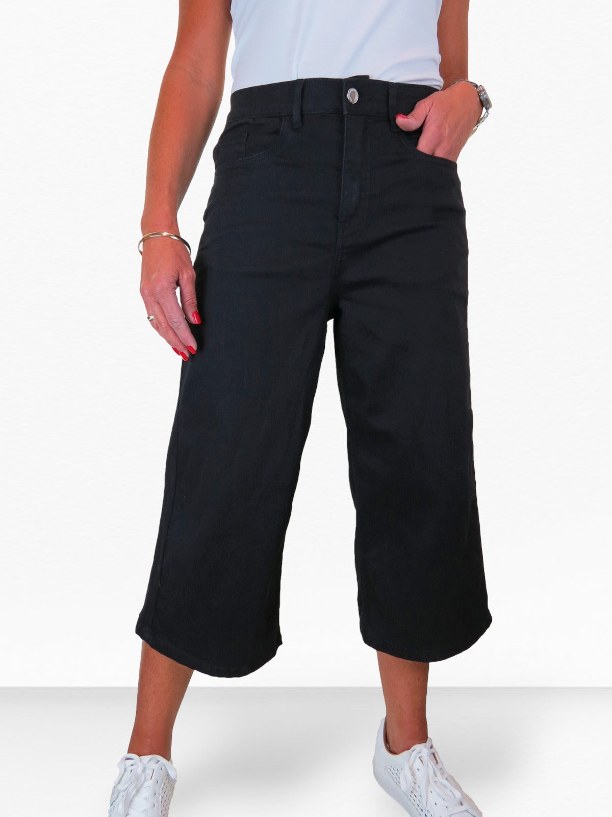 Women's High Waist Wide Leg Denim Culotte Jeans Black