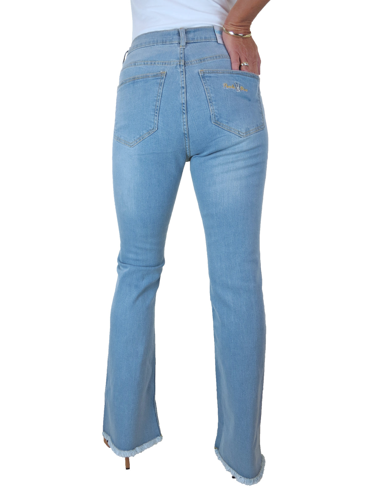 Women's Flared Stretch Denim High Waist Jeans With Frayed Hem Bleach Blue