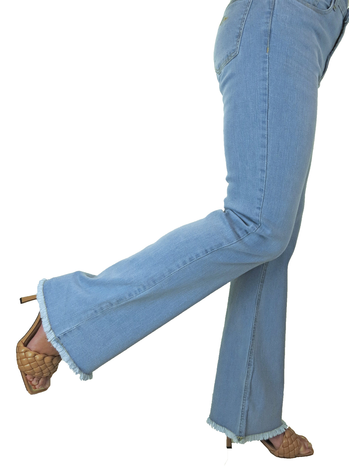 Women's Flared Stretch Denim High Waist Jeans With Frayed Hem Bleach Blue