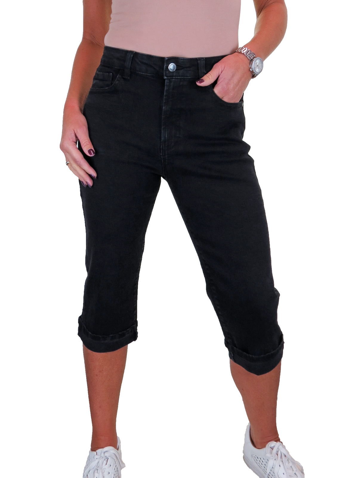 Women's Cropped Stretch Denim Slim Fit Capri Jeans Black