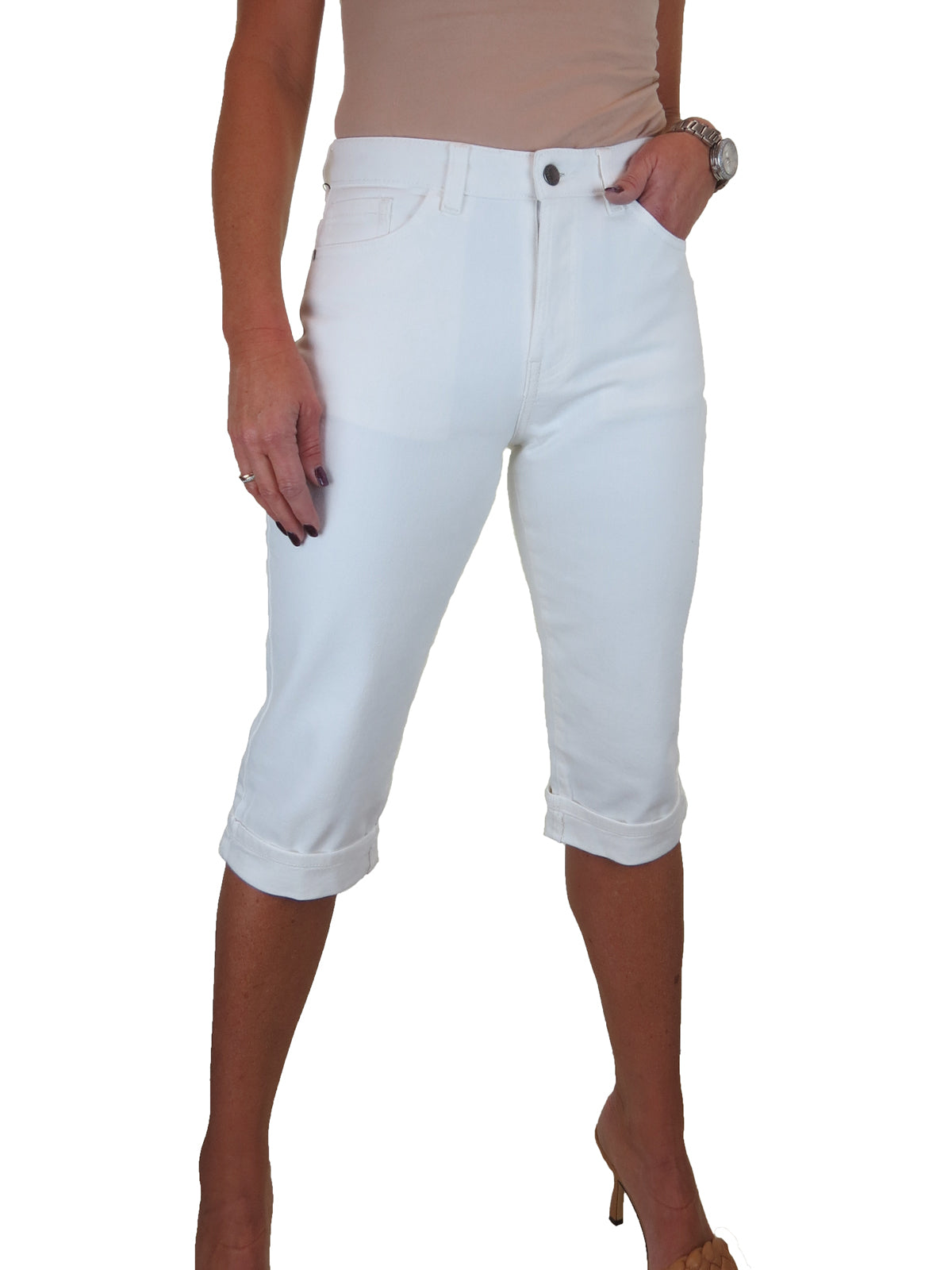 Women's Cropped Stretch Denim Slim Fit Capri Jeans White