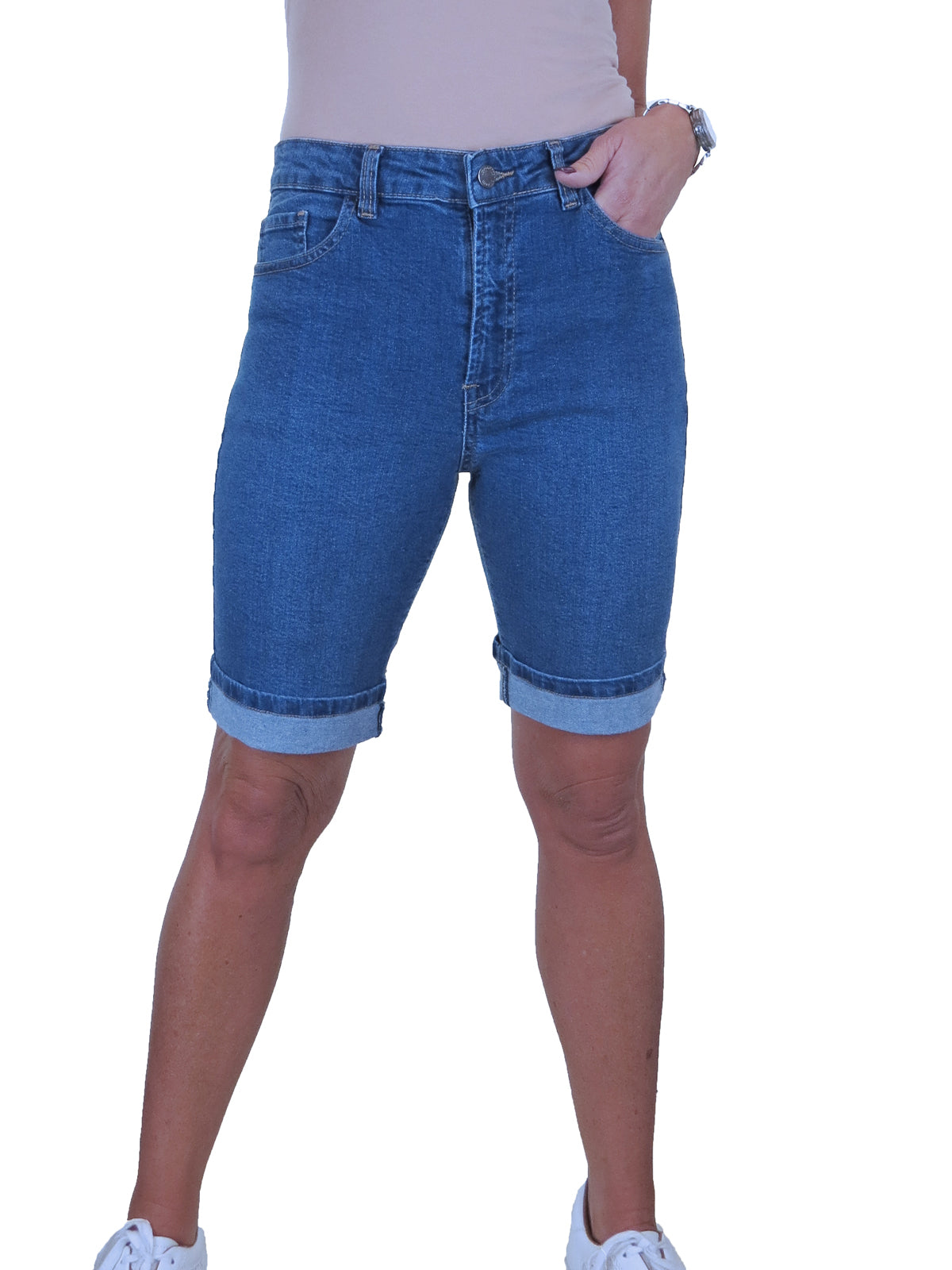 Women's High Waist Slim Denim Bermuda Denim Shorts Medium Blue Fade