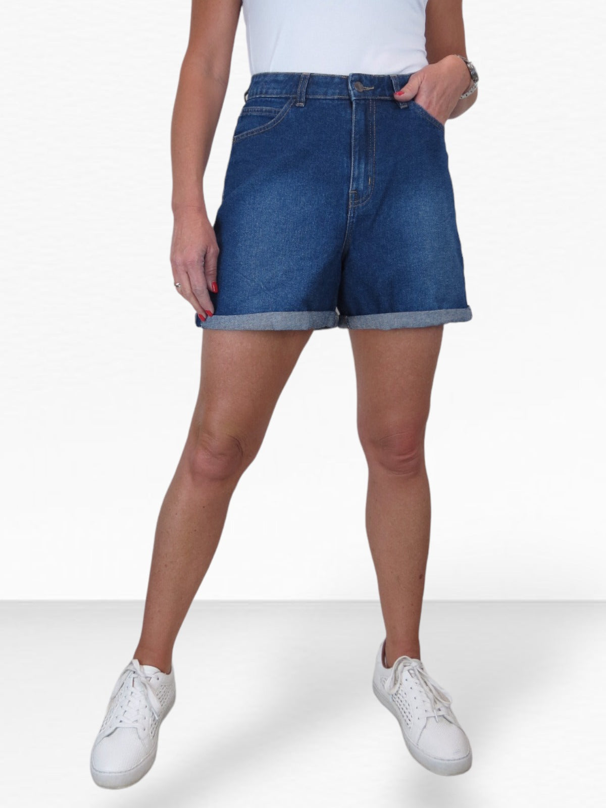 Women's High Waist Denim Mom Shorts Dark Blue Faded