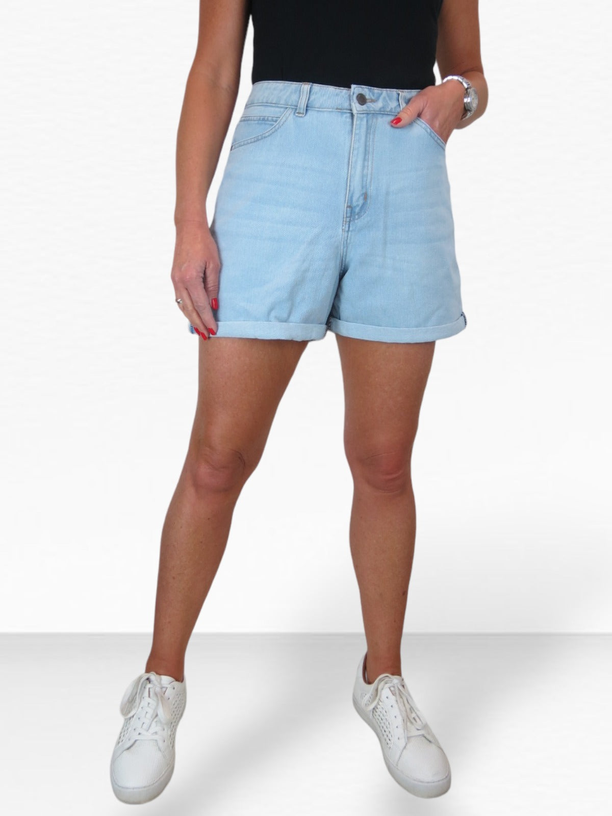 Women's High Waist Denim Mom Shorts Bleached Pale Blue