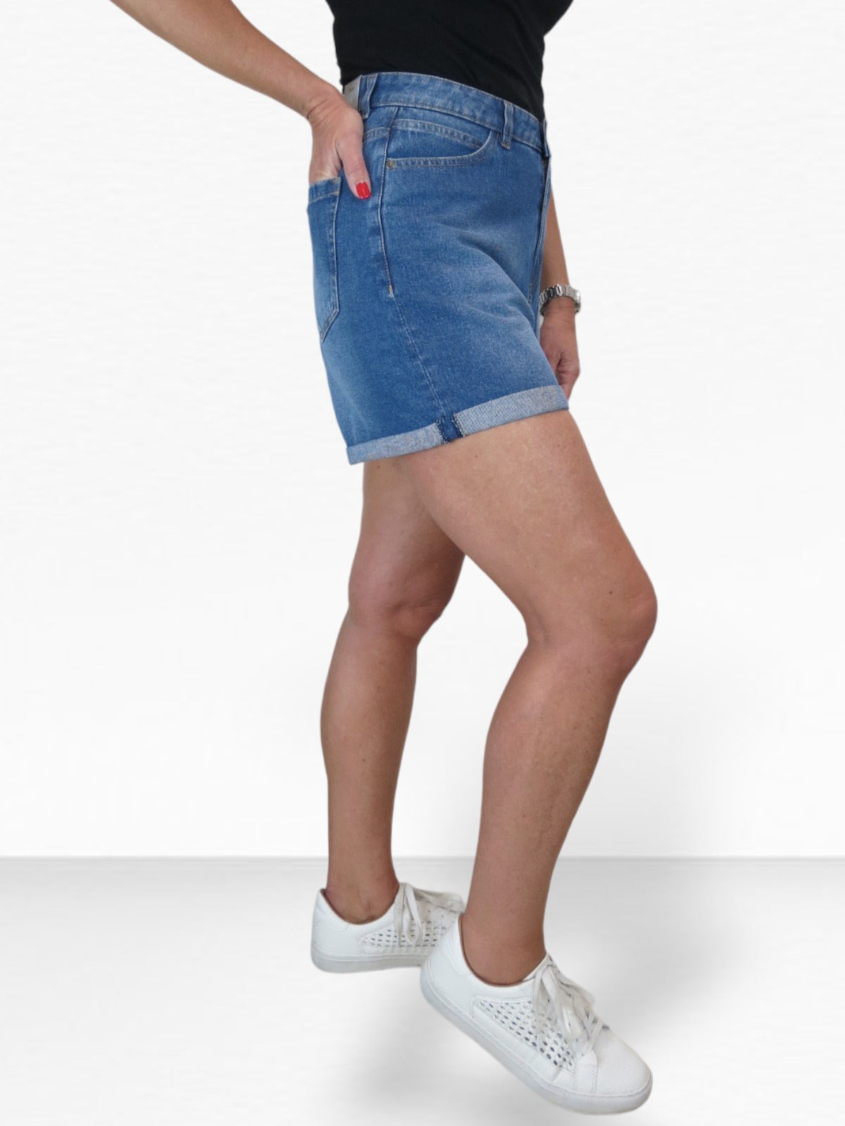 Women's High Waist Denim Mom Shorts Mid Blue Faded