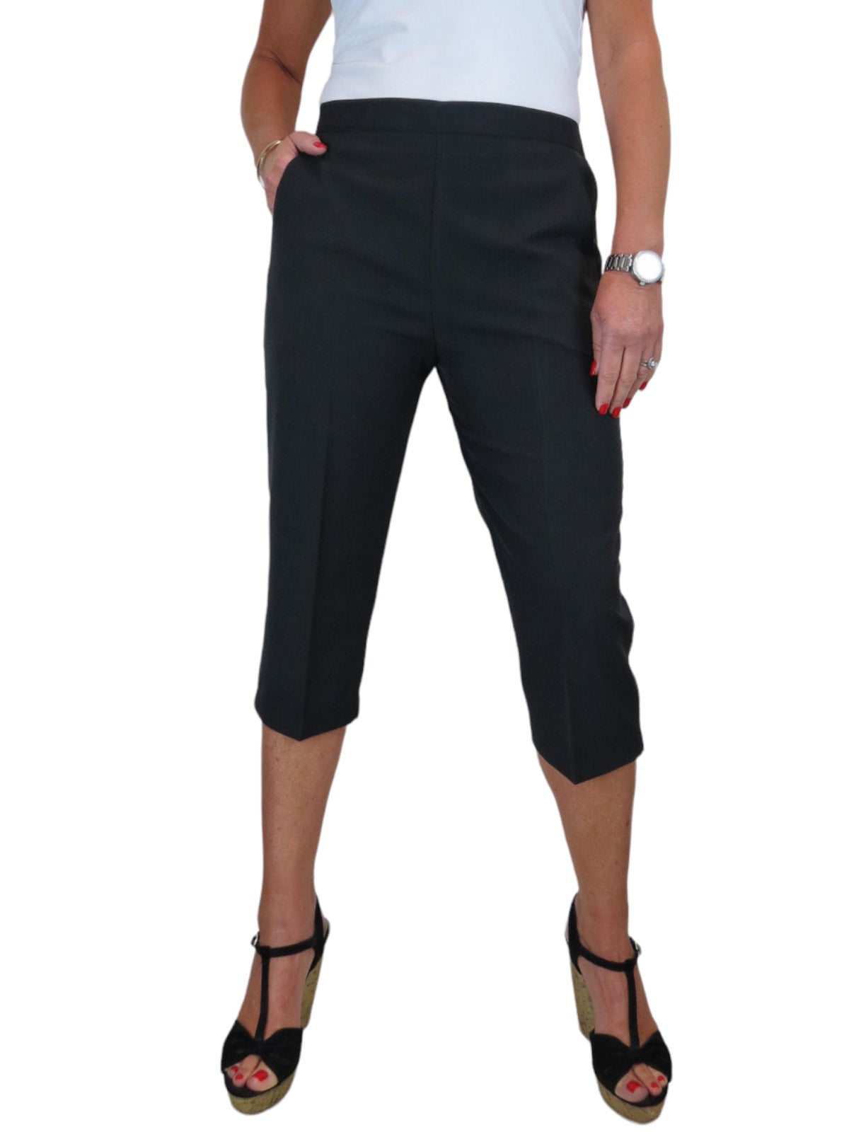 Women's Elasticated Waist Cropped Smart Trousers Black