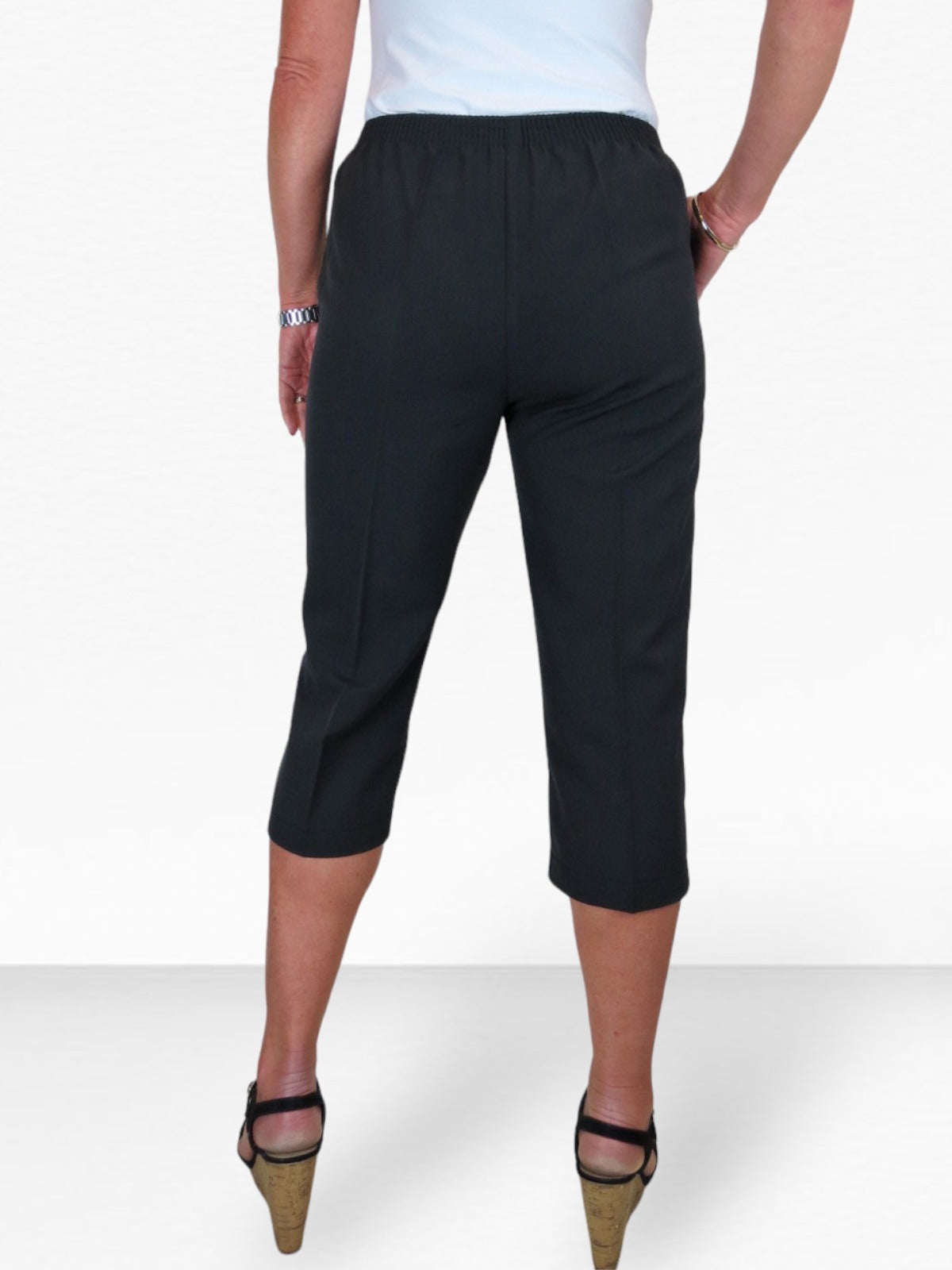 Women's Elasticated Waist Cropped Smart Trousers Black