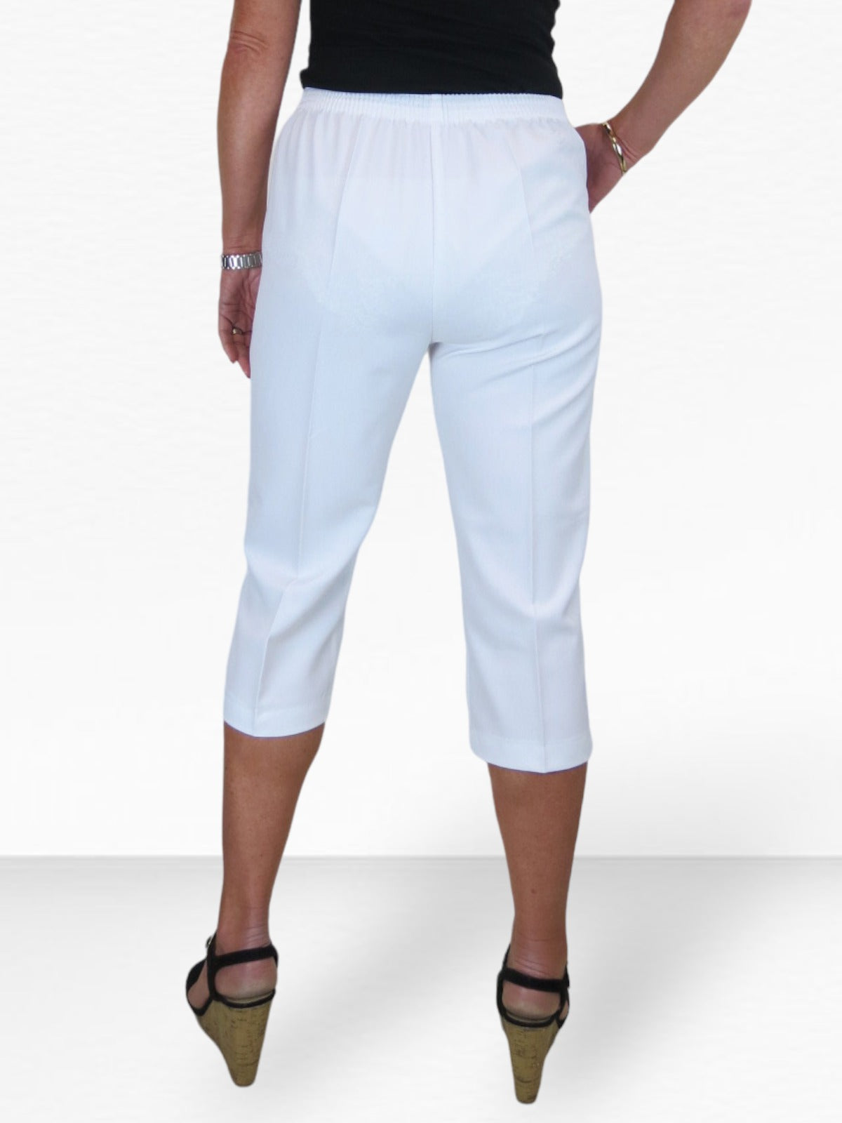 Women's Elasticated Waist Cropped Smart Trousers White