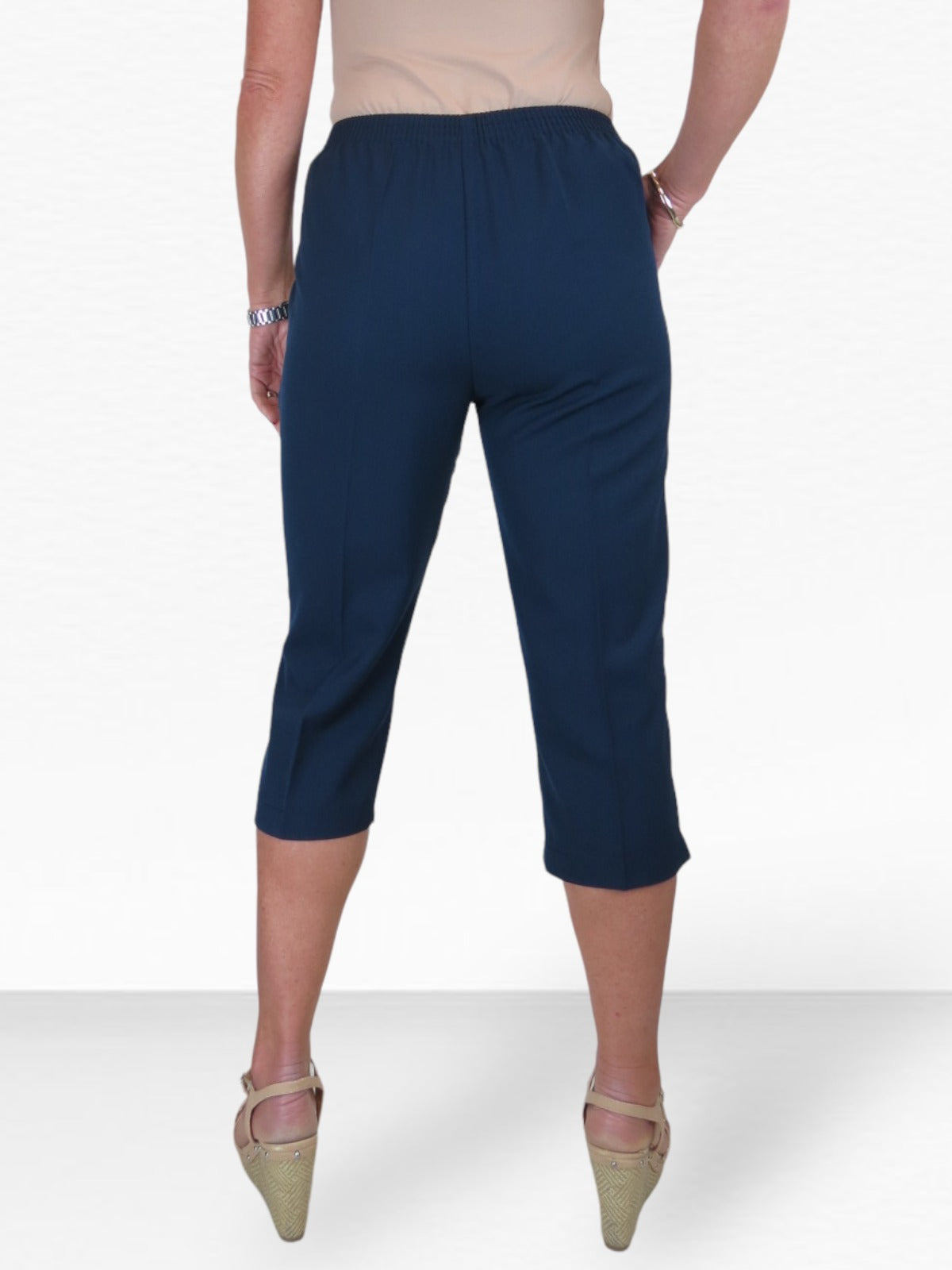 Women's Elasticated Waist Cropped Smart Trousers Navy Blue