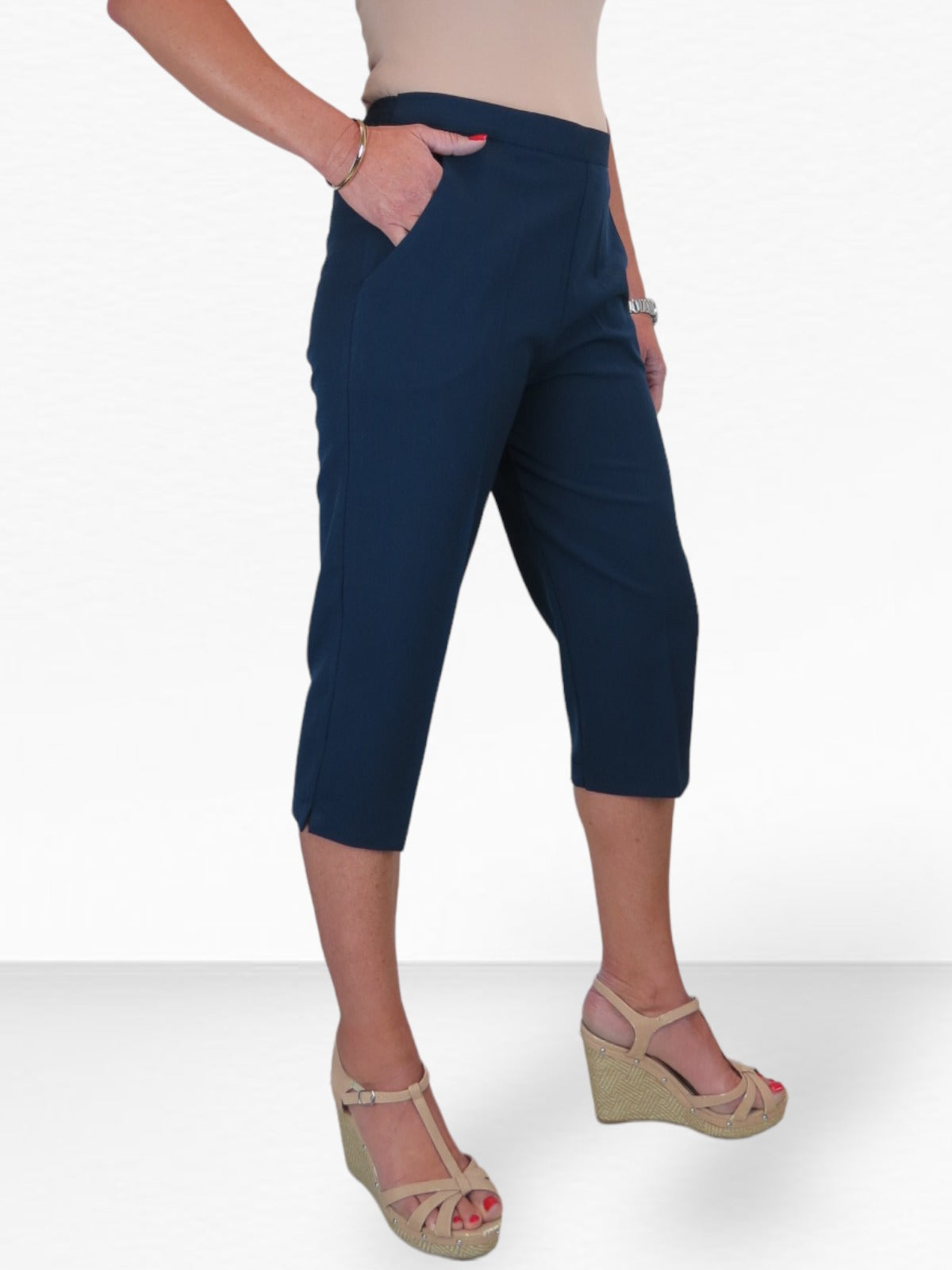 Women's Elasticated Waist Cropped Smart Trousers Navy Blue